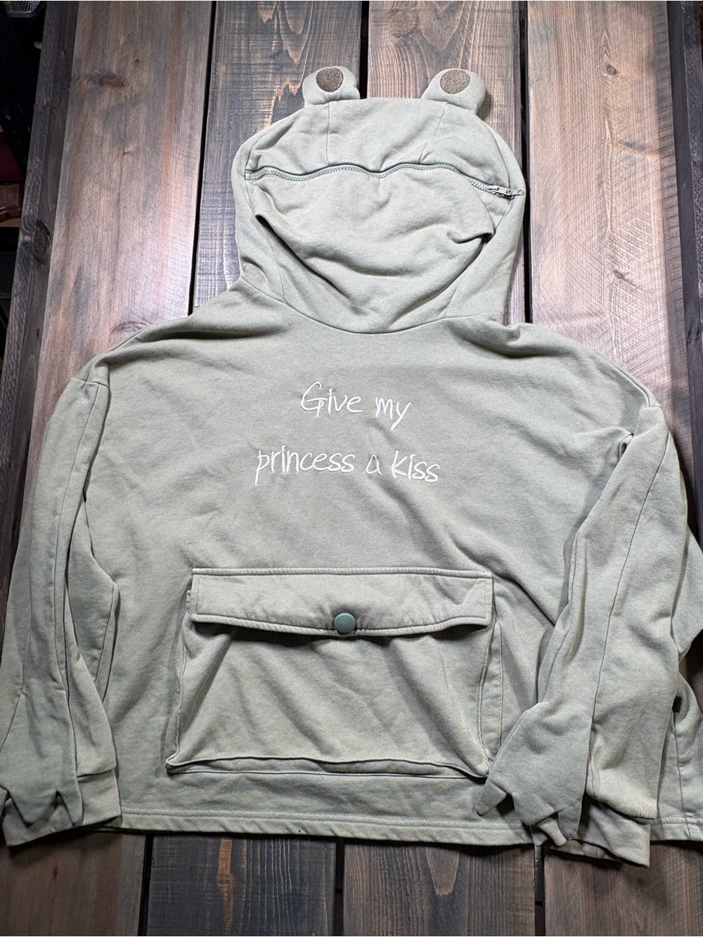 “Give My Prince a Kiss” Novelty Frog Oversized Hoodie-Pastel Sage Green